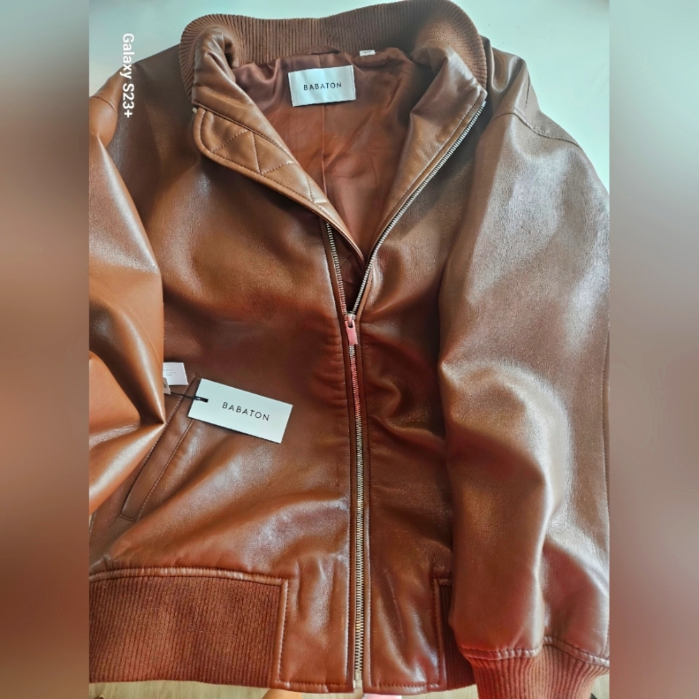 Babaton Vegan Leather Bomber Jacket – Cognac Brown, Size S